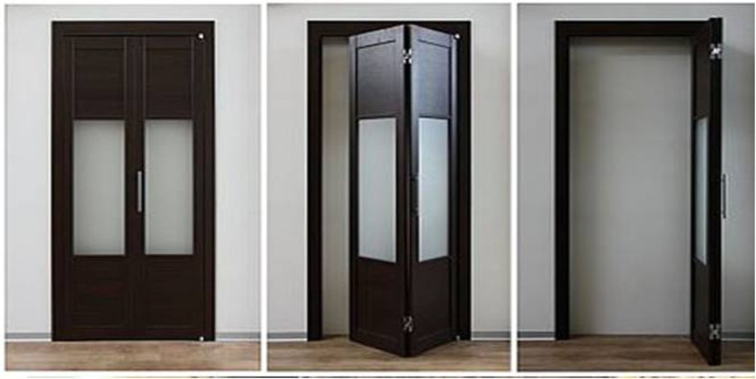 Шпонированные двери гармошка с матовыми стеклянными вставками Батайск